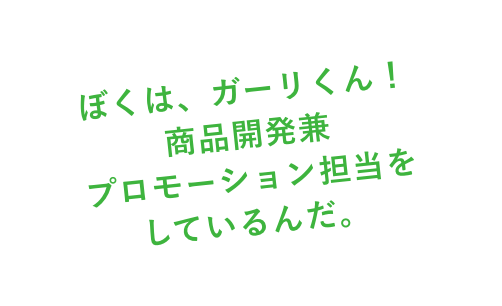 ぼくは、ガーリくん！商品開発兼プロモーション担当をしているんだ。